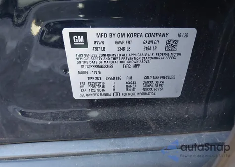 2021 Chevrolet Trax Awd Lt z USA, uszkodzony, nr VIN KL7CJPSB8MB333488